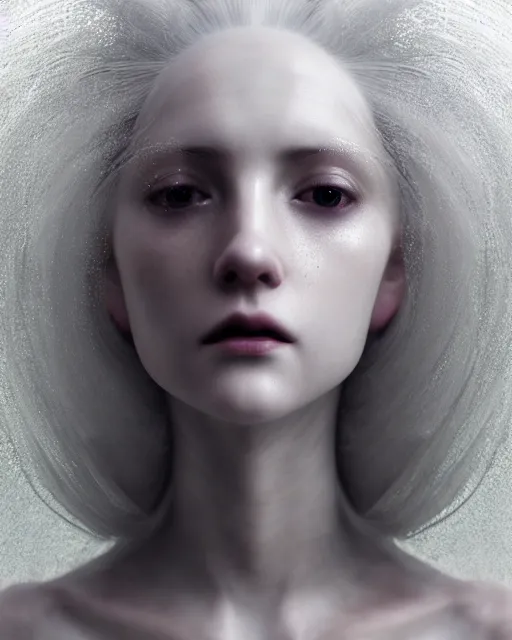 Image similar to delicate, dreamy, feminine, subsurface scattering, white, young beautiful robot - cyborg in cosmos long white hair floating in air, fluid smoke art, black and white, octane render, dino valls, mark ryden, joe fenton, michal karcz, highly detailed, rim light, art, cinematic lighting, very coherent, hyper realism, 8 k