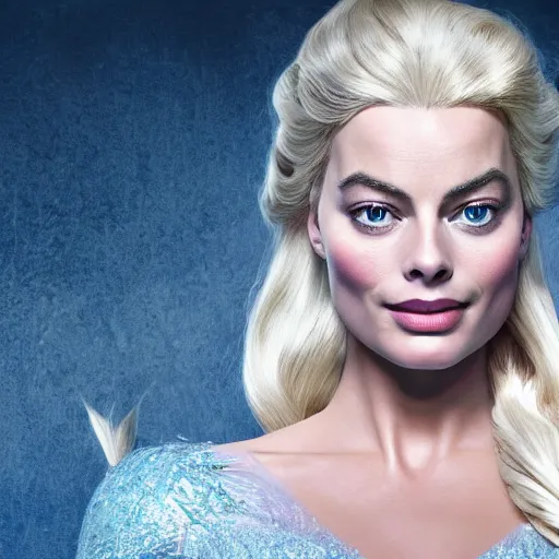 Image similar to Margot Robbie as Elsa in disney frozen live action, 8k full HD photo, cinematic lighting, anatomically correct, oscar award winning, action filled, correct eye placement,