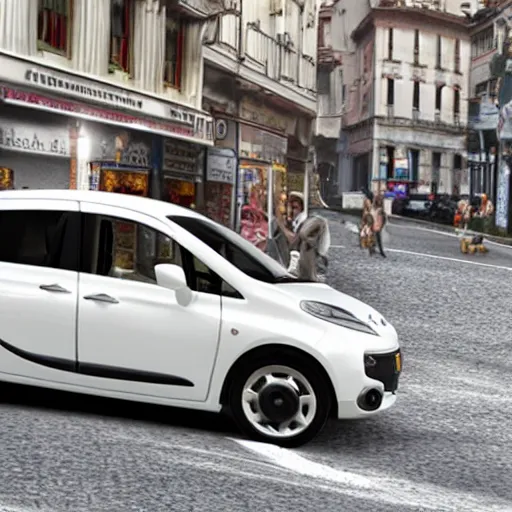 Prompt: 3 d render of an fiat multipla on a very narrorw busy street