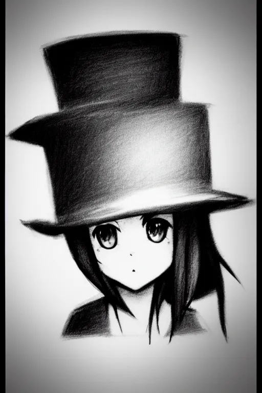 Image similar to cute loli in a tall black top hat, face profile, pencil sketch, gray scale, mysterious, anime style