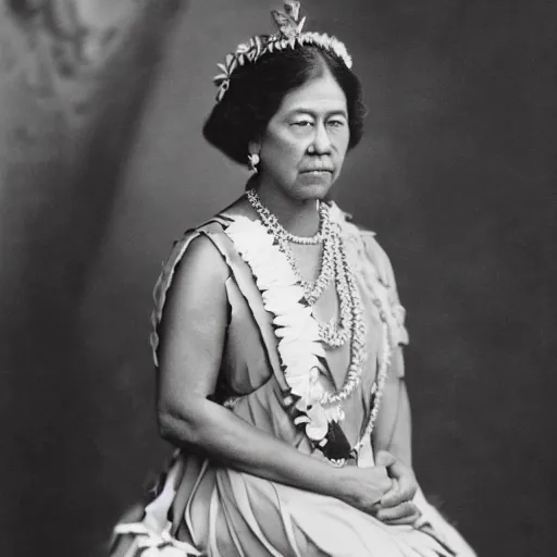 Prompt: a studio portrait of Liliuokalani, the queen of Hawaii, realistic, beautiful