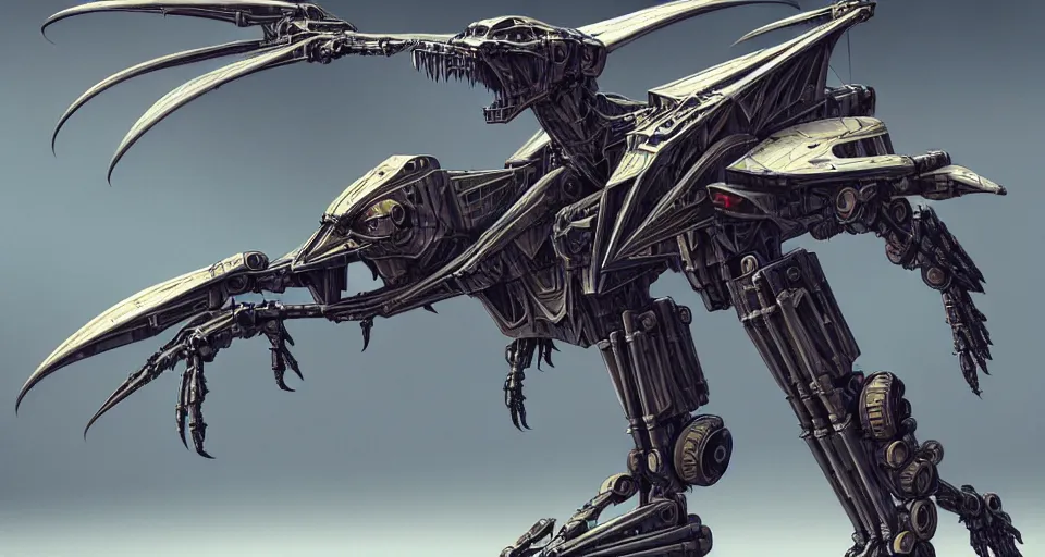 Image similar to flying pterodactyl in a cyborg mech suit with wings, by alexandre ferra, zezhou chen, peter gric, mohamed reda and hr giger, hyper detailed line art, screen print, character concept art, realistic, coherent, octane render, zbrush central, behance hd, hypermaximalist