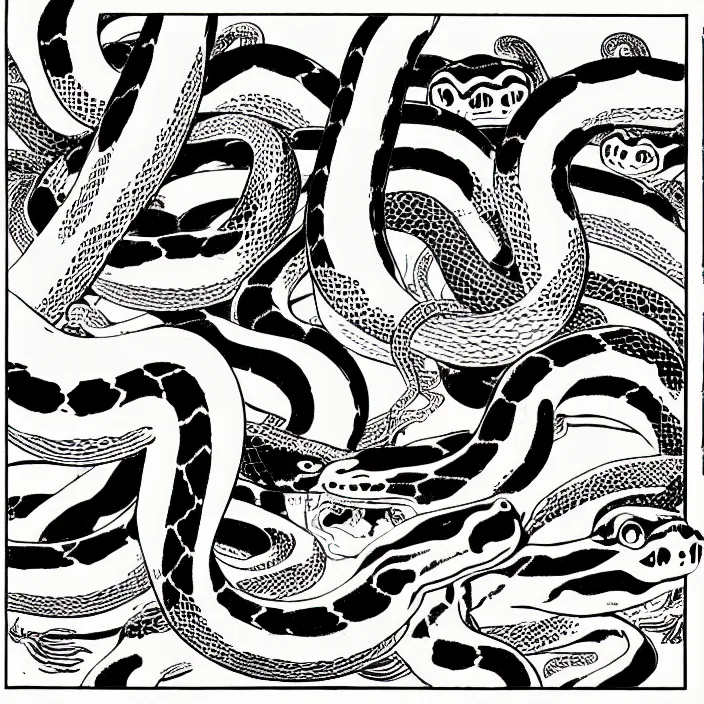 Image similar to a still frame from comic strip, a bouquet of snakes 1 9 5 0, herluf bidstrup, new yorker illustration, monochrome contrast bw, lineart, manga, tadanori yokoo, simplified,