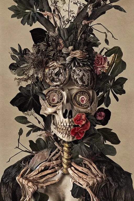 Image similar to Detailed maximalist portrait with large lips and with large white eyes, exasperated expression, extra fleshing limbs, botany bones, HD mixed media, 3D collage, highly detailed and intricate, surreal illustration in the style of Caravaggio, dark art, baroque