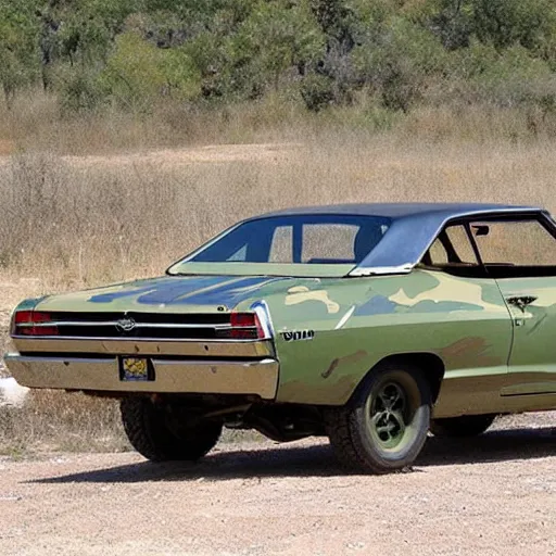 Prompt: camo - 6 7 chevelle, with a tank turret on the roof