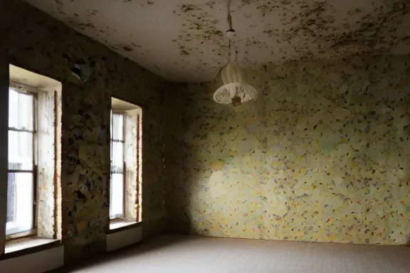 Image similar to an endless space of empty intertwining rooms with old yellowed wallpaper from the 1970s and beige carpet lit by tungsten lights