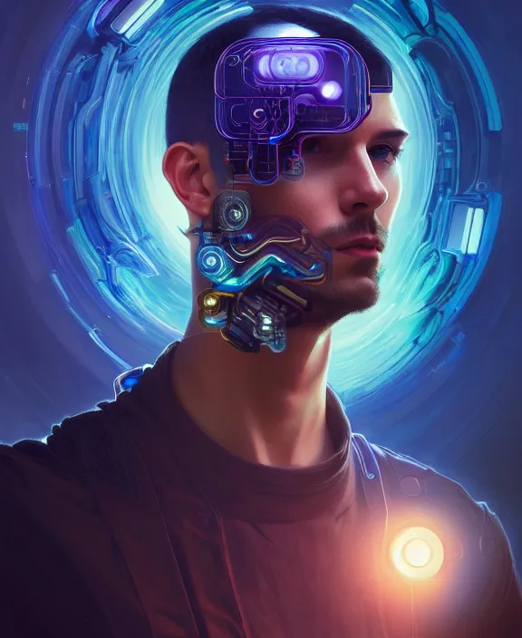 Image similar to a whirlwind inside the metaverse, guy, male, man, hologram, half body, neurochip, android, cyborg, cyberpunk face, by loish, d & d, fantasy, intricate, elegant, highly detailed, colorful, digital painting, artstation, concept art, art by artgerm and greg rutkowski and alphonse mucha