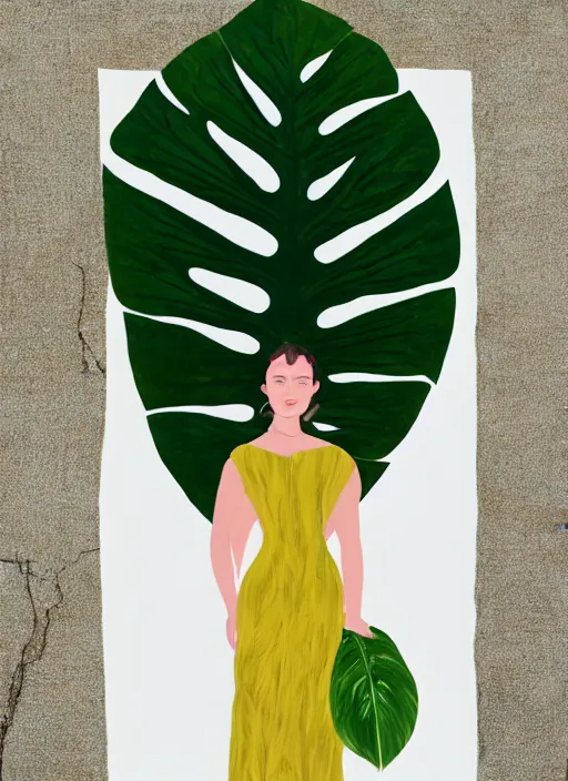 Prompt: a woman in dress inspired by monstera leaves