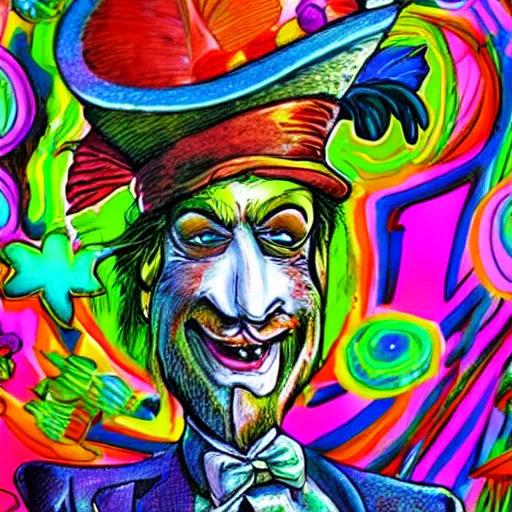 Image similar to A psychedelic vivid hallucination of the mad hatter eating himself while mushrooms dance around his head.