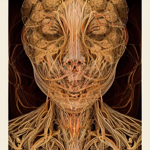 Image similar to face portrait of a beautiful woman, 150 mm, anatomical, flesh, flowers, mandelbrot fractal, veins, arteries, symmetric, intricate, golden ratio, full frame, microscopic, elegant, highly detailed, ornate, ornament, elegant , luxury, beautifully lit, ray trace, octane render in the style of peter Gric , alex grey and Romero Ressendi