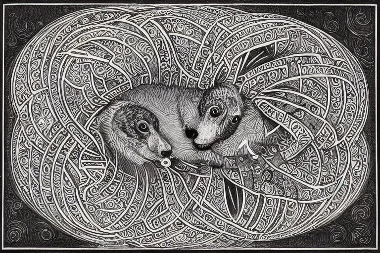 Image similar to an ornate illustration in the styles of mandalas and fractals, the styles of escher and penrose, depicting a weasel staring deep into the heart of the impossible all - and - nothing of the emerging singularity ; / what has god wrought? / he seems to be whispering.