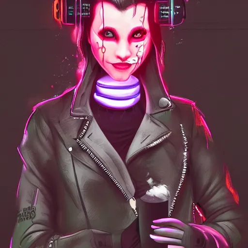 Prompt: digital painting of anthromorphic hyena female smoking cigarrete in cyberpunk style, fursona, furry fandom, neon rainy cyberpunk setting, anthro, wearing cyberpunk leather jacket, detailed face,