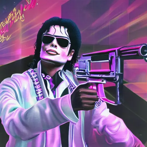 Image similar to Michael Jackson with a gun at a vaporwave themed place