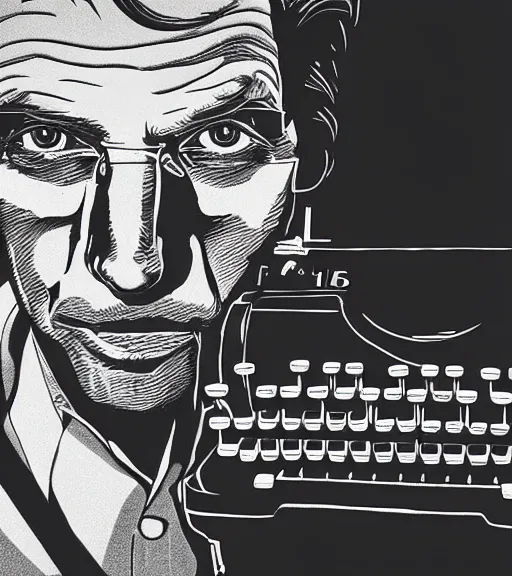 Prompt: Leica Zeiss hd portrait photo of Steven king using typewriter next to dark tower in synthwave style trending