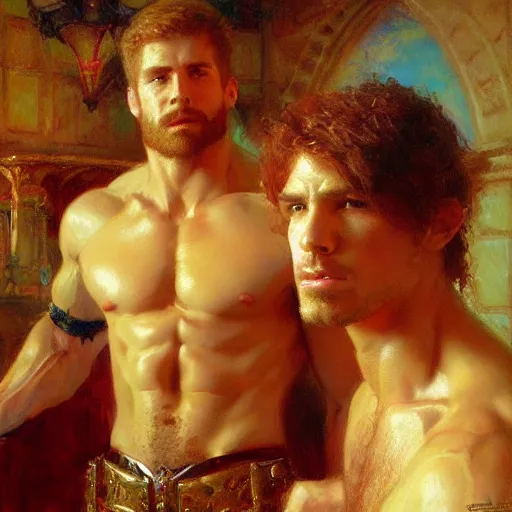 Image similar to attractive muscular mike with ginger hair with attractive tyler with brunet hair, drinking their hearts out, in their noble mansion. very defined and highly detailed painting by gaston bussiere, craig mullins 8 k