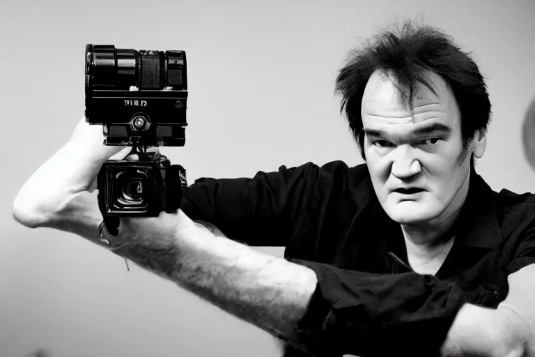 Prompt: Quentin tarantino holding a 16 mm camera