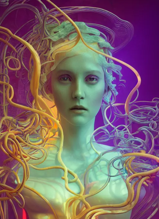 Image similar to subsurface scattering, medusa made of soft wax, cgsociety, translucent, wooden art nouveau swirls, colored smoke, gold cables, electricity, tubes, in the style of ruan jia and beeple and giger, mystical colors, back light, rim light, dramatic lighting, 8 k, stunning scene, raytracing, octane render