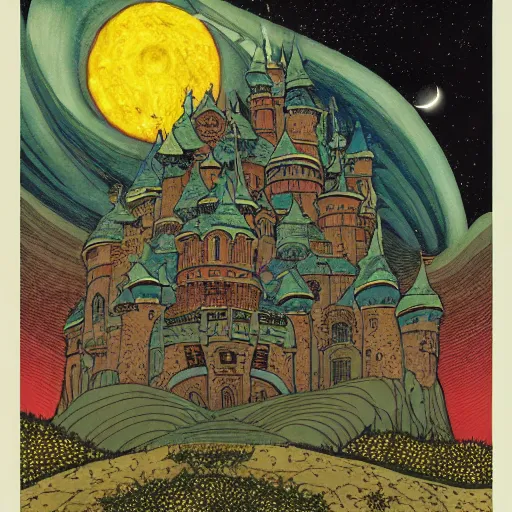 Image similar to stone castle, starry sky detailed ivan bilibin and edmund dulac and ilya kuvshinov and katsuhiro otomo inspired print