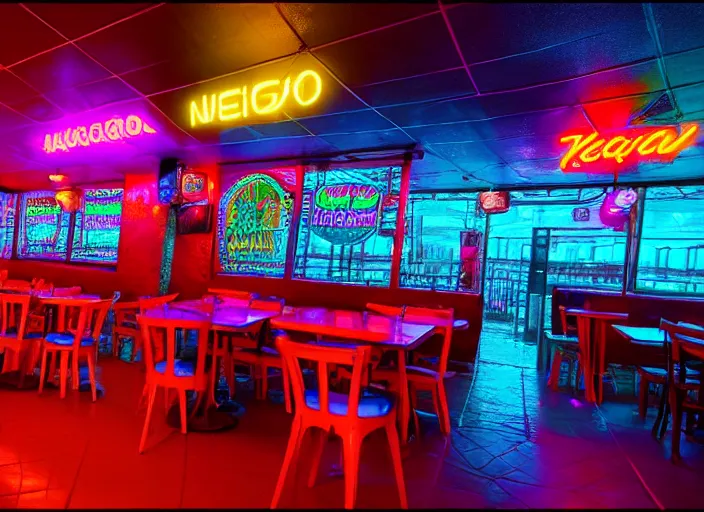 Image similar to photo of a mexican restaurant, neon lights, in a flat snowy field. 35mm. Very detailed 8k. Sharp. Cinematic post-processing. Unreal engine. Ray tracing. Parallax. Tessellation