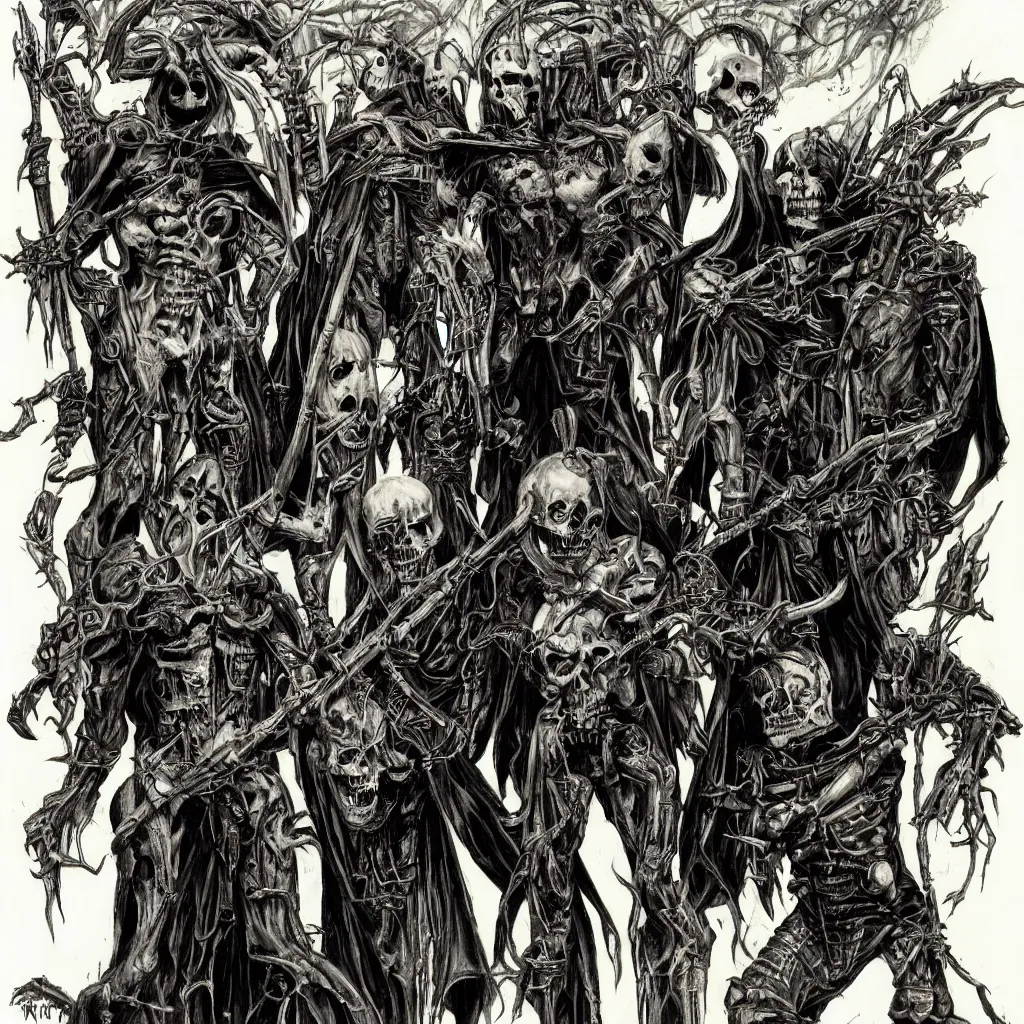 Image similar to judge death and vic rattlehead and the grim reaper by simon bisley and h.r. giger