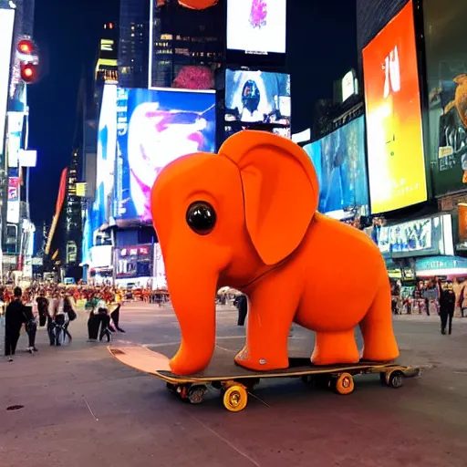 Prompt: an orange elephant on a skateboard in times square at night