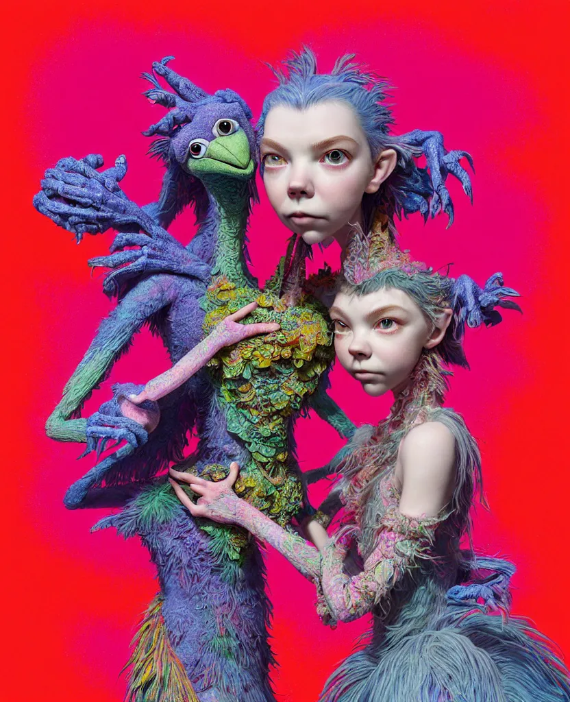 Image similar to hyper detailed 3d render like a Oil painting - kawaii portrait of two Aurora (a beautiful skeksis muppet fae princess protective playful expressive acrobatic from dark crystal that looks like Anya Taylor-Joy) seen red carpet photoshoot in UVIVF posing in scaly dress to Eat of the Strangling network of yellowcake aerochrome and milky Fruit and His delicate Hands hold of gossamer polyp blossoms bring iridescent fungal flowers whose spores black the foolish stars by Jacek Yerka, Ilya Kuvshinov, Mariusz Lewandowski, Houdini algorithmic generative render, golen ratio, Abstract brush strokes, Masterpiece, Edward Hopper and James Gilleard, Zdzislaw Beksinski, Mark Ryden, Wolfgang Lettl, hints of Yayoi Kasuma and Dr. Seuss, octane render, 8k