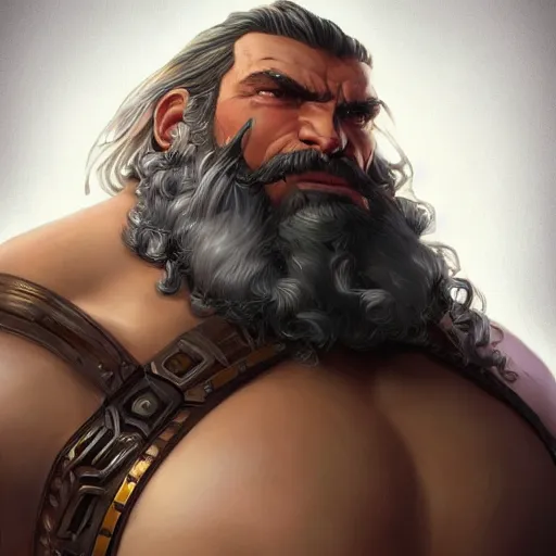 Image similar to high fantasy character portrait of a huge muscular tall giant Reinhardt from Overwatch, long white hair and beard, intricate, wild, highly detailed, digital painting, artstation, upper body, concept art, smooth, sharp focus, illustration, art by artgerm and greg rutkowski and alphonse mucha