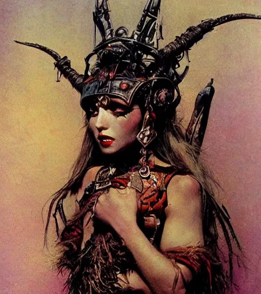 Image similar to princess of the wasteland, scrap metal headdress, strong line, deep color, high contrast, beautiful! coherent! by brian froud, by frank frazetta, low angle