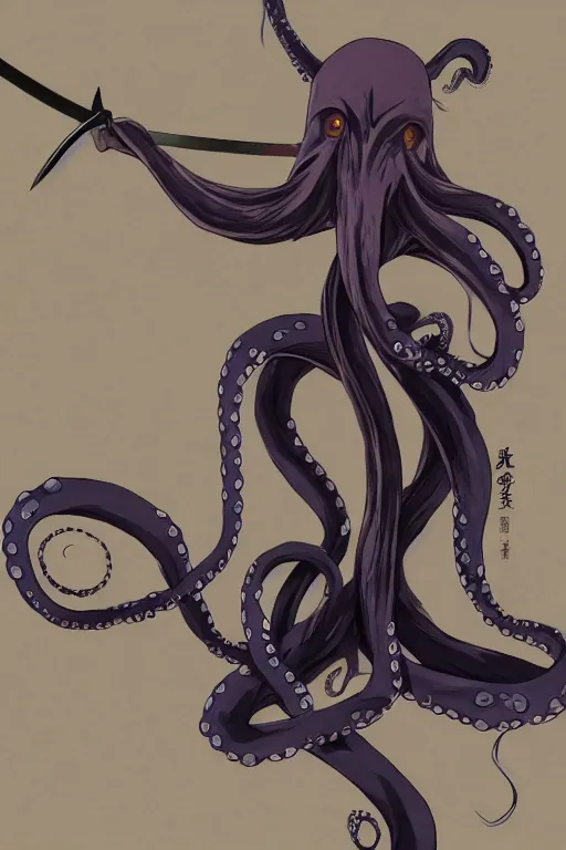 Image similar to key anime visuals of an octopus ninja, with a katana in his tentacle. the octopus is dressed as a ninja. highly detailed, intricate, directed by makoto shinkai, anime manga style, trending on art station.