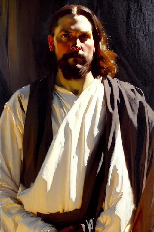 Image similar to leyendecker and solomon joseph solomon and richard schmid and jeremy lipking victorian loose genre loose painting full length portrait painting of jesus