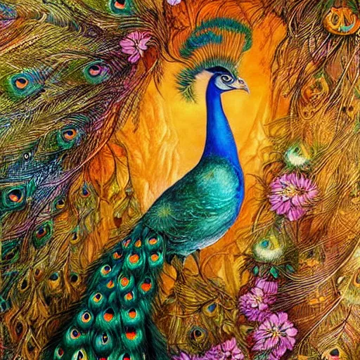 Prompt: beautiful dreamcatcherl made of peacock feathers detailed painting in the style of josephine wall 4 k