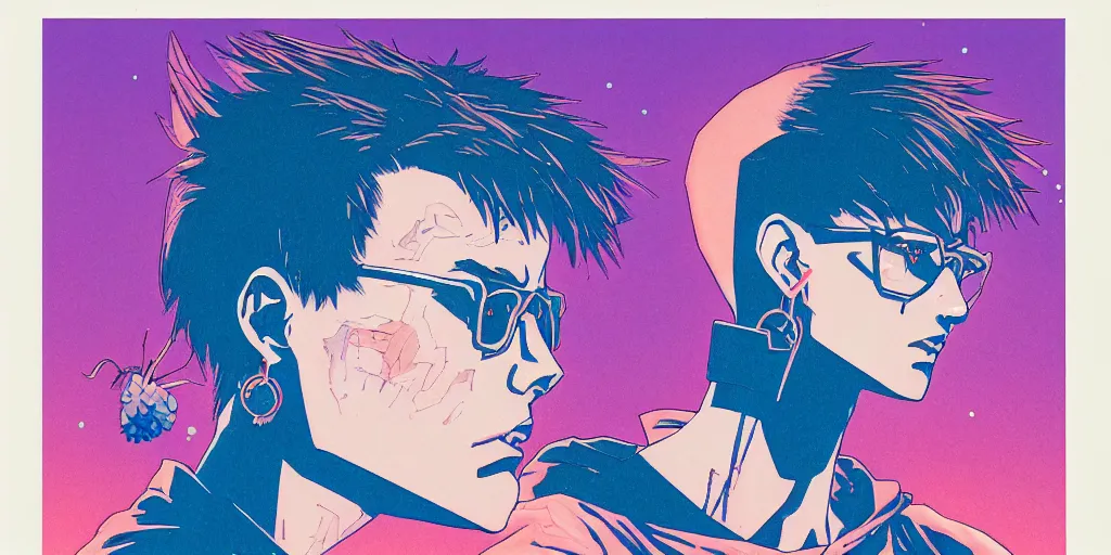 Prompt: risograph grainy painting of gigantic huge evangelion - like hero protagonist face, matte colors, with huge earrings and glasses with a lot of details and lasers, covered with plants, by moebius and dirk dzimirsky and satisho kon, blue hour, close - up wide portrait