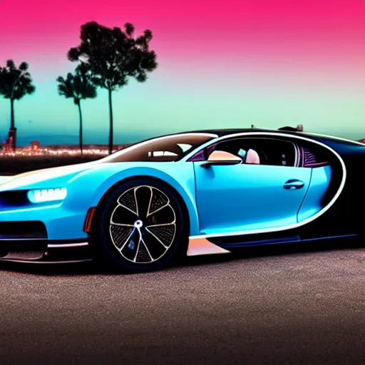 Image similar to synthwave bugatti chiron at sunset