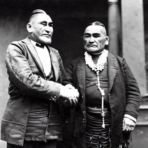 Prompt: a tattooed maori dignitary shakes hands with a 2 0 th century industrialist, colorized 1 9 0 4 photo, kodak camera, historical event, credit the national archives of the united kingdom