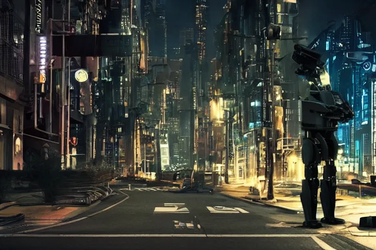Image similar to cinematography ai robot rights standoff with police, sci-fi future city street at night. Emmanuel Lubezki