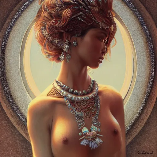 Image similar to Beautiful detailed portrait of an exotic goddess by Nick Silva, Shin JeongHo, Wandah Kurniawan, Symmetrical composition with people centered, realistic proportions, trending on artstation