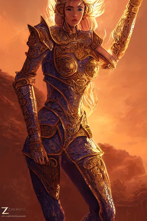 Prompt: portrait knights of zodiac girl, golden and copper shining armor, karate pose, in ruined agora of athens sunrise, ssci - fi and fantasy, intricate and very very beautiful and elegant, highly detailed, digital painting, artstation, concept art, smooth and sharp focus, illustration, art by z - - ed