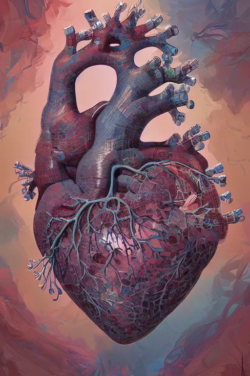 Image similar to anatomical heart, tooth wu, dan mumford, beeple, wlop, rossdraws, james jean, marc simonetti, artstation giuseppe dangelico pino and michael garmash and rob rey and greg manchess and huang guangjian and makoto shinkai