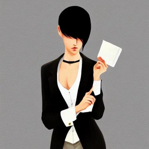 Image similar to beautiful slim scornful business girl in tuxedo with black short hair, elegant, 2d, ultra highly detailed, digital painting, smooth, sharp focus, artstation, trending on artstation, art by Ilya Kuvshinov