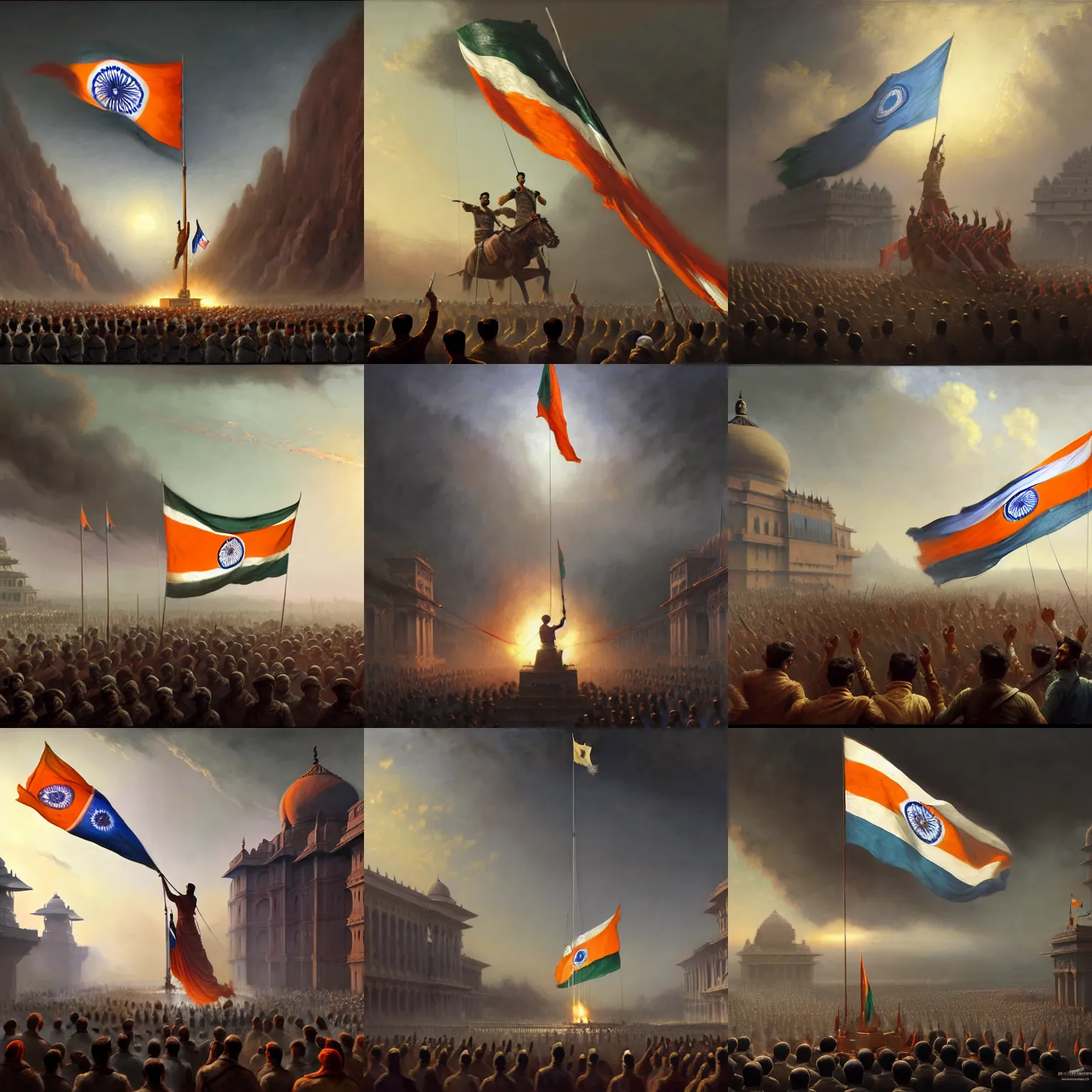 Prompt: a cinematic dramatic scene of indian freedom fighters hoisting a colossal indian flag. oil on canvas, by carl gustav carus, by noriyoshi ohrai, by greg rutkowski, call of duty, unreal engine 5, trending on artstation, featured on pixiv, masterpiece, cinematic composition, brilliant lighting, highly detailed, hd, 8 k