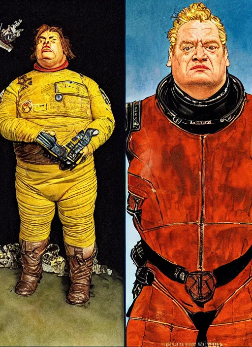 Prompt: full body and head portrait of javier bardem as baron vladimir harkonnen in dune 1982 wearing tattered stained a leather space suit, by norman rockwell and jason fabok and tom lovell and frank schoonover and dean cornwell