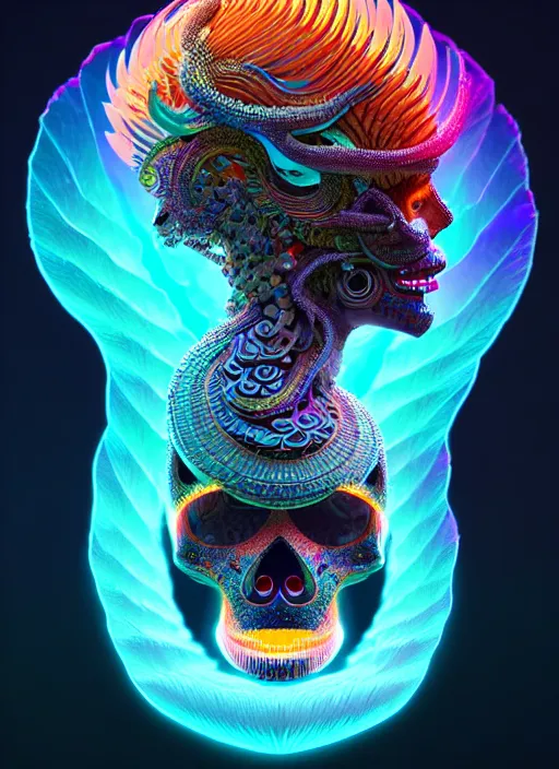 Image similar to 3 d goddess profile portrait, sigma 5 0 0 mm f / 5. beautiful intricate highly detailed quetzalcoatl skull and feathers. bioluminescent, plasma, lava, ice, water, wind, creature, thunderstorm! artwork by tooth wu and wlop and beeple and greg rutkowski, 8 k trending on artstation,