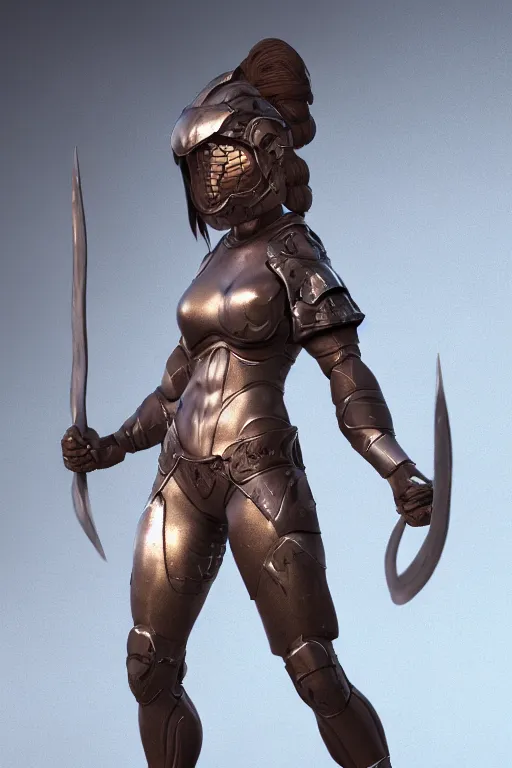 Image similar to a highly detailed sculpt of athletic girl in armor, concept design, cinematic light, featured on artstation, octane render, path tracing, sharp focus, 4 k