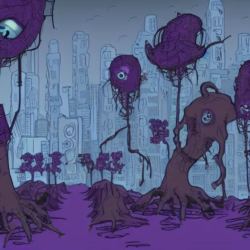 Image similar to purple infection, eldritch abomination, disease, sickness, plant corruption, mutation, wild taint, abandoned modern city, post apocalyptic