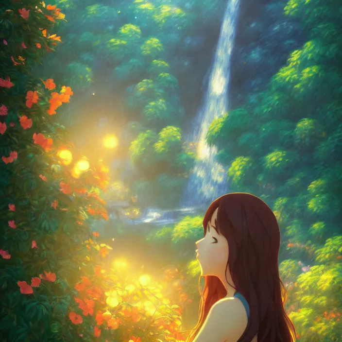 Image similar to an epic makoto shinkai and renoir surreal landscape of a woman's long brown hair and a waterfall, 🌺, golden hour, ultra smooth, lois van baarle, ilya kuvshinov, unreal engine, blender, trending on artstation, suntur, caleb worcester, highly detailed, photorealism, bloom effect 8 k