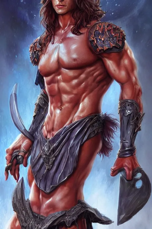 Image similar to torso close - up and and face portrait of pretty muscular sam winchester as a warrior mage spellcasting fireballs, muscular body tattooed, d & d!, fantasy style, sharp focus!, ultra detailed, art by artgerm and peter andrew jones, wlop