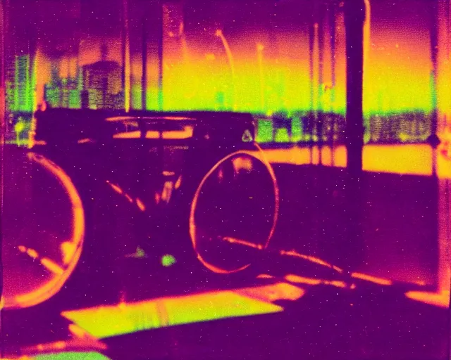 Prompt: futuristic chrome city, violet and yellow sunset, polaroid photo, atmospheric, whimsical and psychedelic, grainy, expired film, glitched