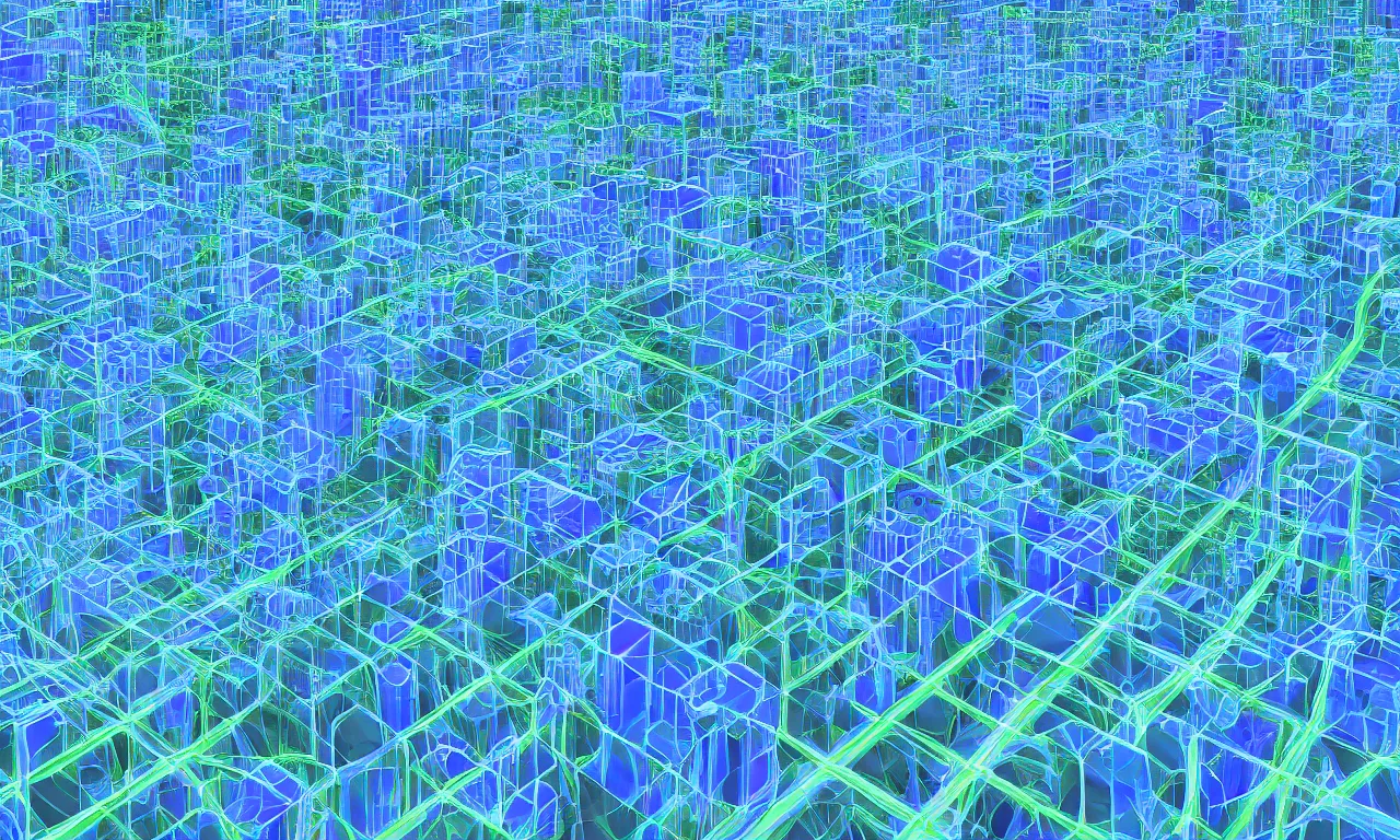 Prompt: blue cubes and forested blobs interconnected by high speed rails, digital art, 3 d, illustration