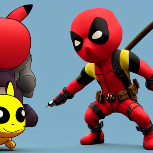 Prompt: deadpool fighting with pikachu! rendered by blender! in 3 d style of beeple