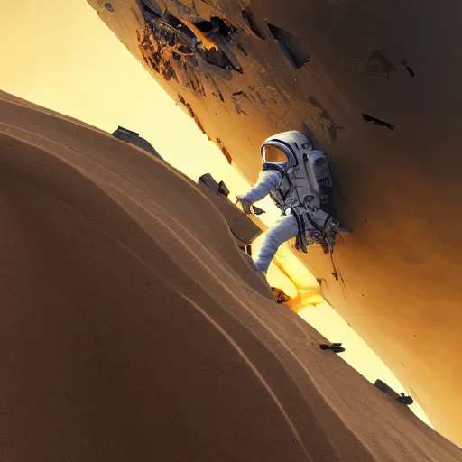 Prompt: an astronaut climbing out of the wreckage of a ship crash, in the desert, smoke, burn marks, trending on artstation, high detail